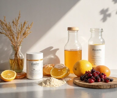 Collagen-rich foods and supplements displayed with scientific molecular structures